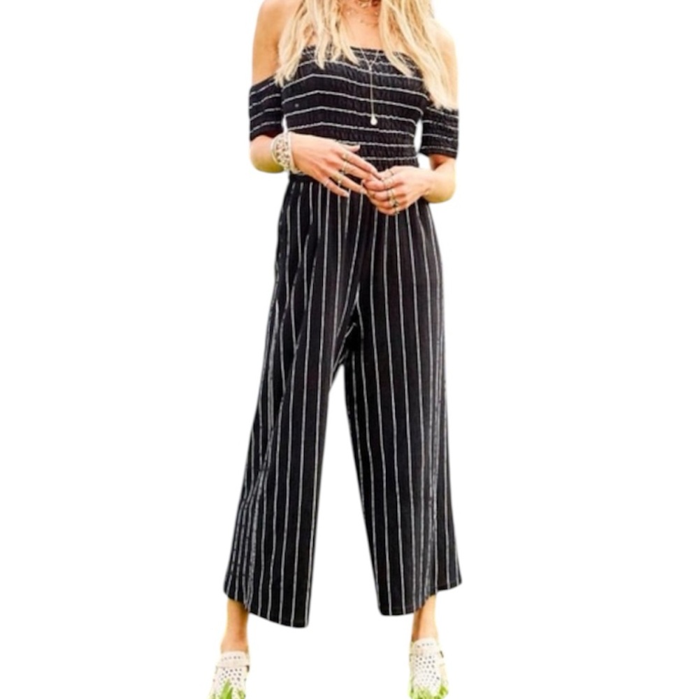 Altar’d State Black Striped Smocked Wide Leg Pantsuit Size Small